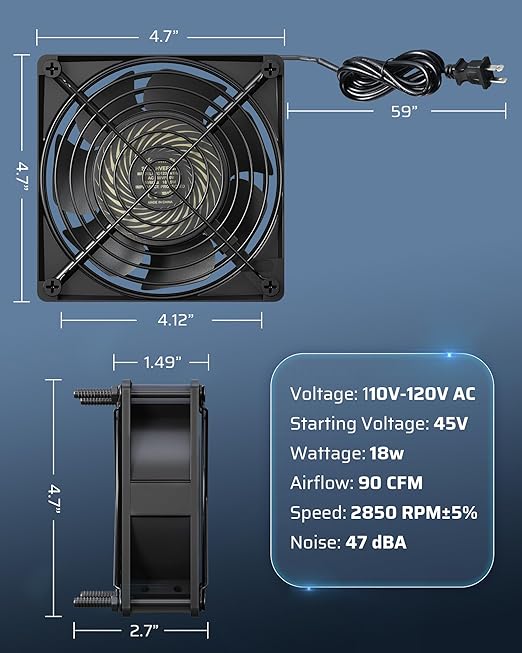DEWENWILS 120V AC Muffin Fan, 120mm×38mm Exhaust Fan, Waterproof Case Cooling Fan with Speed Control, UL-Certified for DIY Cooling Exhaust Ventilation Needs, Flame-Resistant, 2 Pack