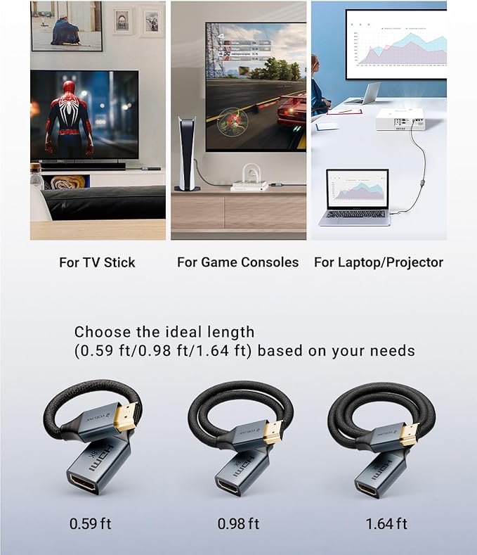 VCELINK 8K Short HDMI Extender Cable 0.6 FT Ideal for Tight Spaces, HDMI Extension Male to Female Adapter, Compatible with Roku TV Stick, HDTV, Game Console, Laptop (1 Pack, 2 FT)