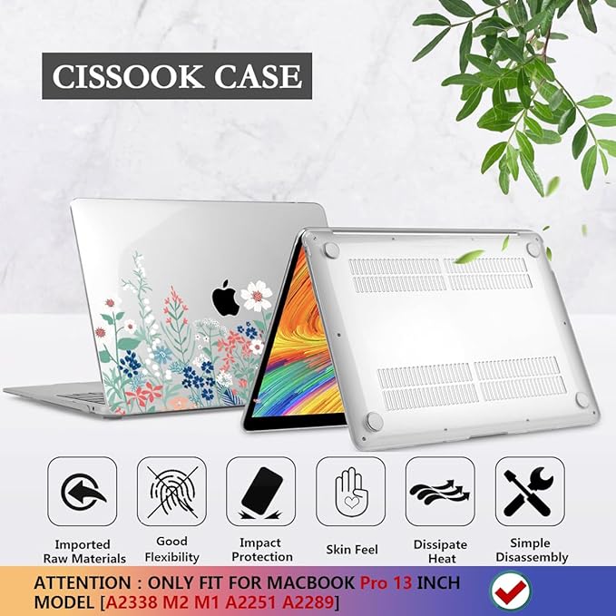 CISSOOK Compatible with MacBook Pro 13 inch Case M2 2025-2020 Model M1 M2 A2338 A2289 A2251, Protective Hard Case Floral Cover with Keyboard Cover for MacBook Pro 13 - Green Wildflowers