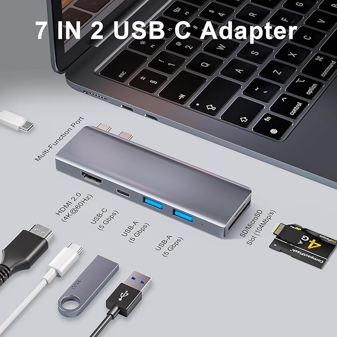 USB C Hub, USB C Adapter, 7 in 2 USB-C Hub for MacBook with Thunderbolt 4, 4K HDMI, Type C, 2 USB A, SD/TF Card Reader, Compatible with MacBook Pro 2016-2024, MacBook Air 2018-2025 (Space Gray)