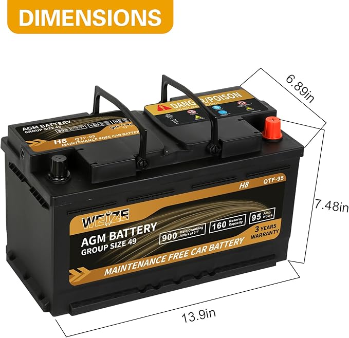 Weize Platinum AGM Battery BCI Group 49-12v 95ah H8 Size 49 Automotive Battery, 160RC, 900CCA, 36 Months Warranty, Dimensions 13.9" L x 6.89" W x 7.48" H