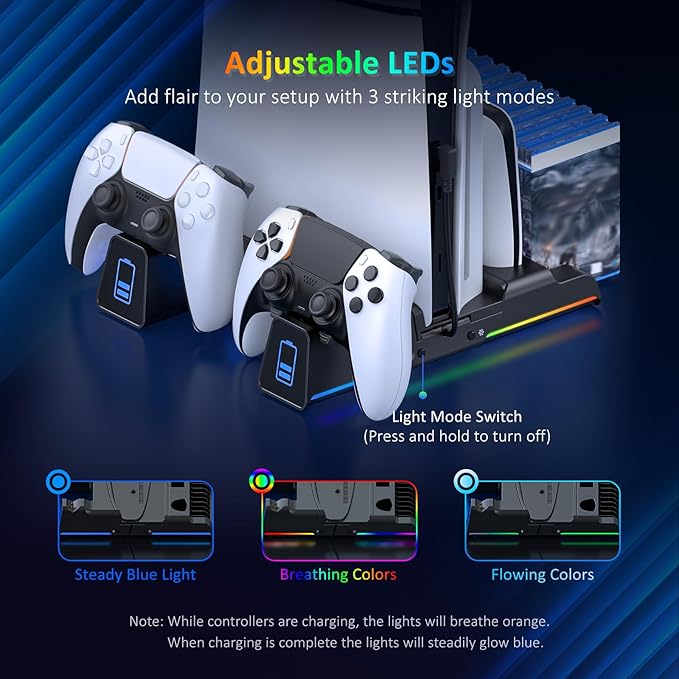 NexiGo PS5 Silent Cooling Stand for Both PS5 and New PS5 Slim Consoles, RGB LED Light, Dual Charging Station, Compatible with Dual_Sense Edge Controller, Hard Drive, Headset and Remote Holder, Black