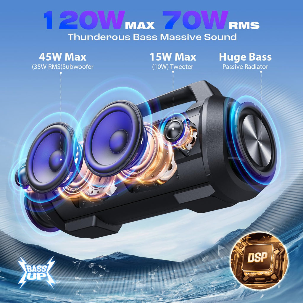 W-King Portable Bluetooth Speaker, 120W Peak Loud Bass Boombox Outdoor
