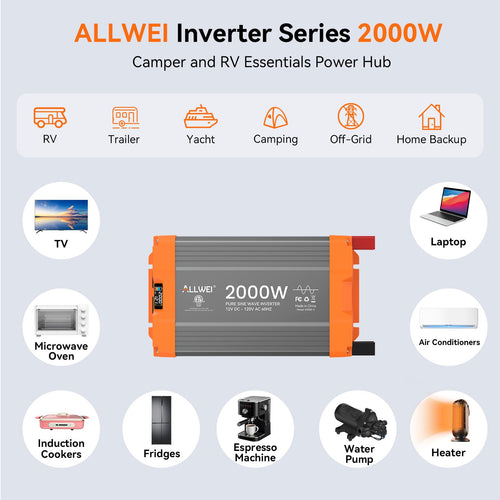 ALLWEI 2000W Pure Sine Wave Inverter 12V DC to 120V AC Converter, Surge 4000W, 20A Sockets, Hardwire Port, Power Inverters for Vehicles, RV Truck Home Solar & Off-Grid Inverter, Remote Controller