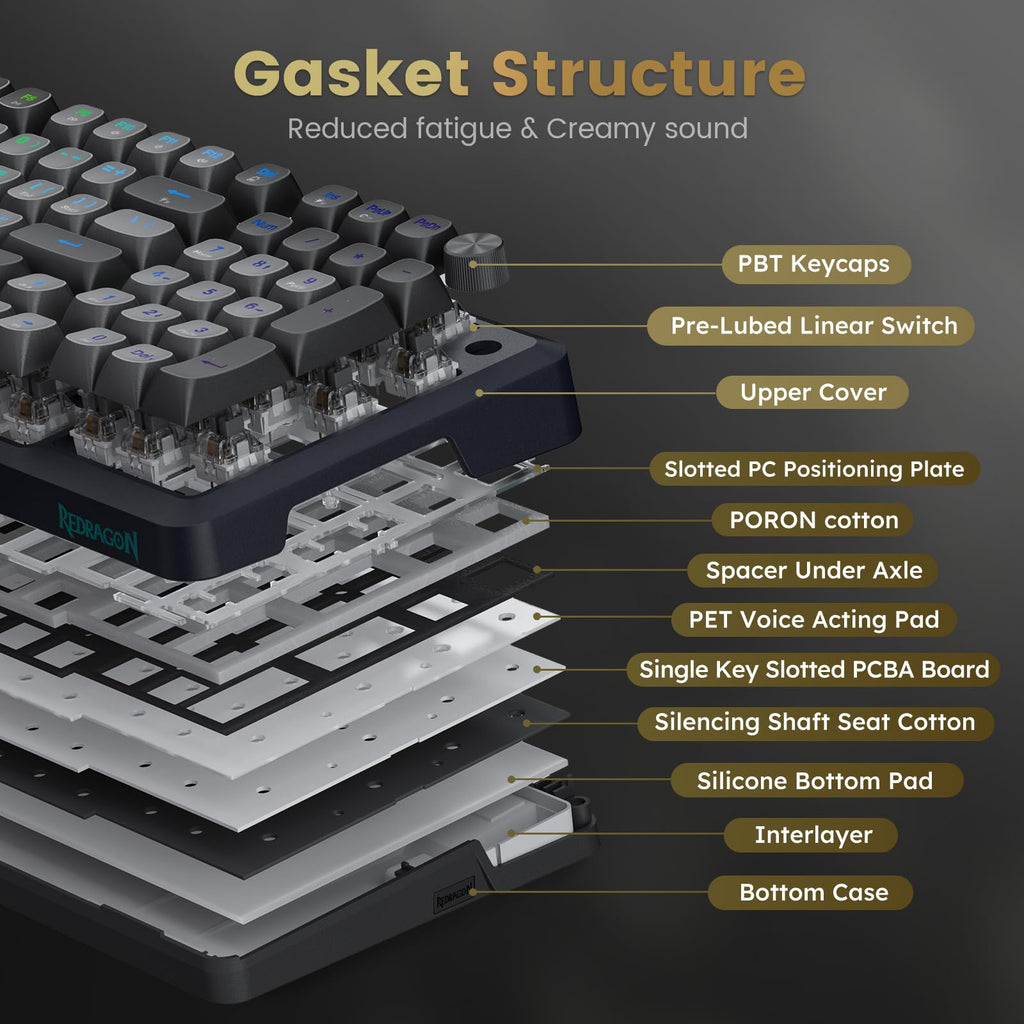 Redragon Wireless Mechanical Keyboard, 3 Mode Gasket Mounted RGB Gaming Keyboard with Volume Knob, Pre-Lubed Linear Switches, MDA-Profile, 98 Keys Hot Swappable Creamy Keyboard for PC/Tablet/Xbox/PS4