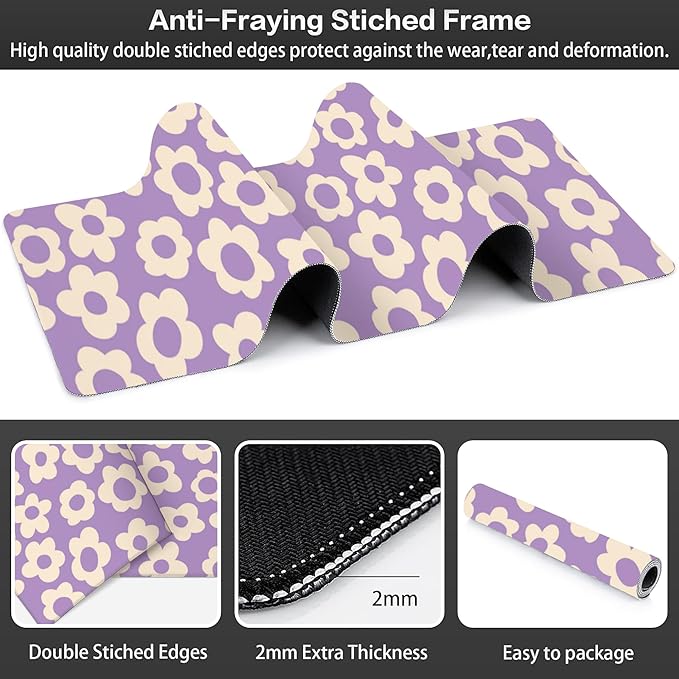 Purple Groovy Flowers Desk Mat,Large Vintage Floral Gaming Keyboard Mouse Pad,Non-Slip Rubber Base Desk Pad Thick Stitched Edges Waterproof Mousepad Mouse Mat 31.5"x11.8"
