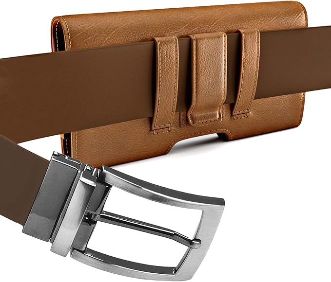 PiTau Holster for Large iPhone Plus, Pro Max Models 16 15 14 13 12 11 Xs Max – Cell Phone Belt Holder Clip Case, ID Card Carrying Pouch (Fits Otterbox Commuter Case) Brown