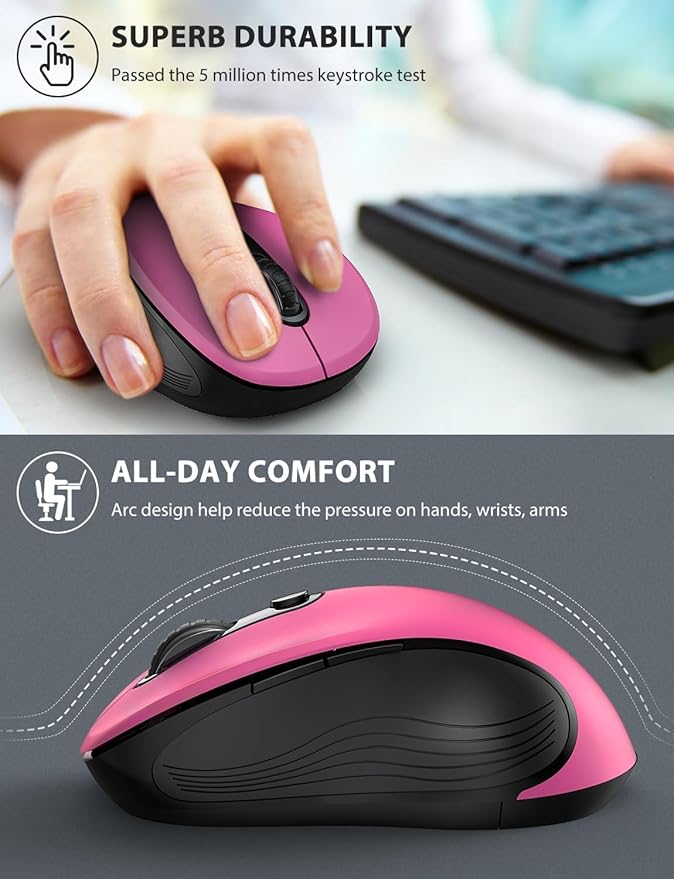 Trueque Wireless Mouse for Laptop, 2.4GHz Ergonomic Computer Mouse with Back & Forward Buttons, 3 Adjustable DPI Levels, 6 Buttons, Optical USB Cordless Mice for Windows MacBook PC (Fuchsia)