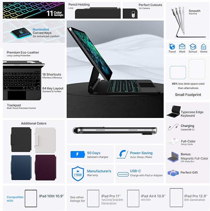 typecase Edge+ iPad 11th 10th Gen Case with Keyboard (11" 2025 A16 & 10.9" 2022) – Magic Keyboard-Style with RGB Backlit & Trackpad, Slim Protective Case, Magnetic Stand, Multi-Mode – Dark Gray