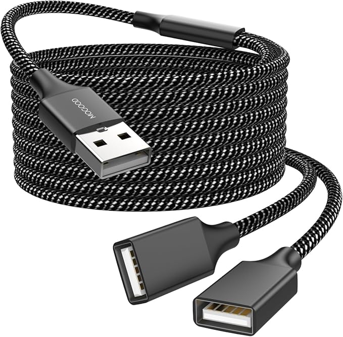 Durable USB A Male to 2 Female Extension Cord - Nylon Braided, Fast Data Transfer, Compatible with Printer, Keyboard, Flash Drive, Hard Drive, PlayStation