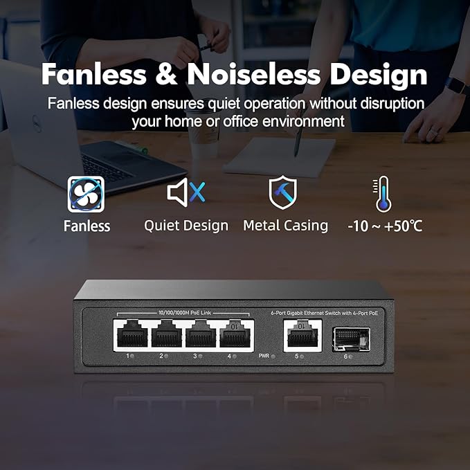 YuLinca 6 Port Mini Gigabit PoE Switch with 4 PoE+ Port, 1 Gigaibt RJ45 Uplink, 1 Gigabit SFP, IEEE802.3af/at, Max 65W, Metal Fanless Plug & Play Ethernet Switch