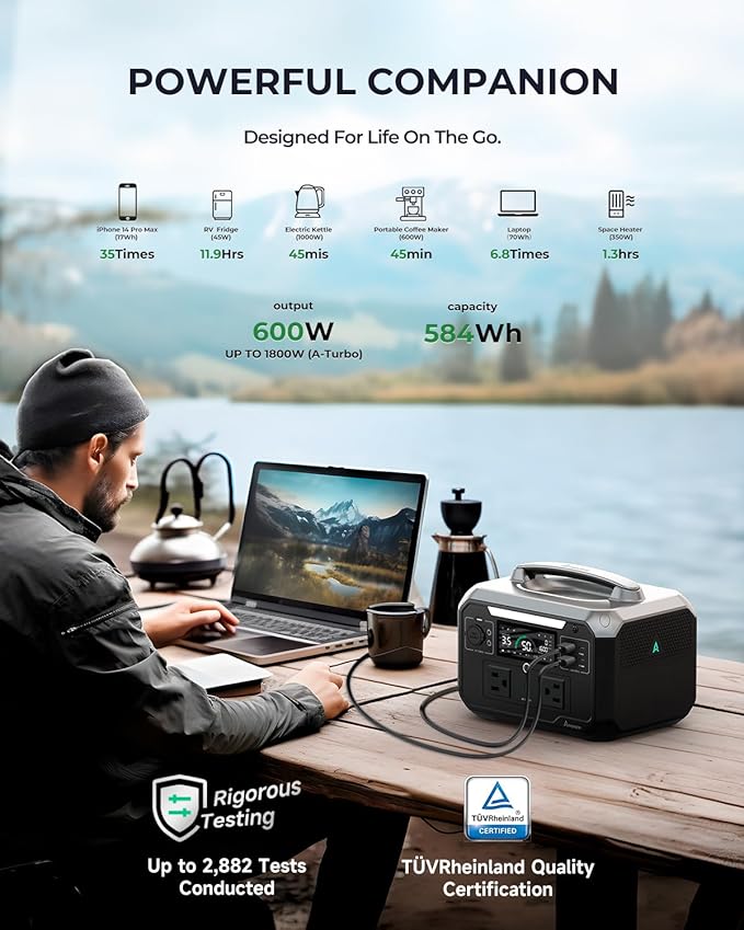 Andes 600 Pro Portable Power Station, 584Wh LiFePO4 Hybrid Battery Backup, [1 Hour 80%] Fast Charging, 600W SiCPrime Solar Generator for Outdoor Camping, RVs, Home Use (Solar Panel Optional)