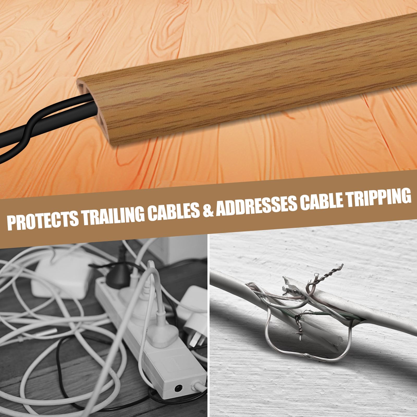 Floor Cord Cover Self Adhesive Cord Hider,3.3FT Cable Management, Extension Strip Protector for Wires, Prevent Cable Trips for Offices, Gyms, Exhibitions Cavity:0.39"(W) x 0.27"(H) Brown Wood