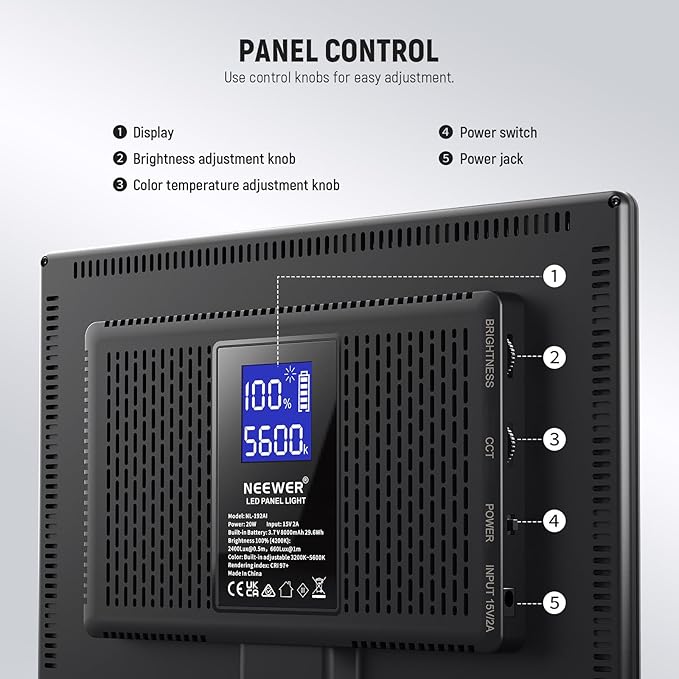 NEEWER 192 LED Video Light Panel, 20W Ultra Thin 8000mAh Bi Color Dimmable DSLR Camera Soft Photography Key Lighting 3200K-5600K CRI97+ for Studio Recording Live Streaming, Cleaning Cloth