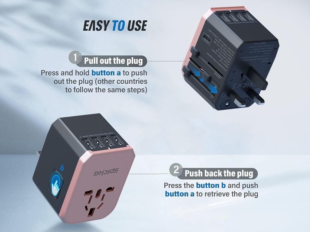 EPICKA Universal Travel Adapter with 1AC/1 USB-C/4 USB-A Ports
