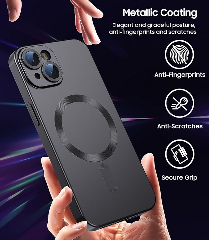 Magnetic for iPhone 13 Case [Compatible with MagSafe][Built-in Camera Lens Protector] Slim Soft Silicone Bumper Shockproof Metallic Luster Phone Case (Black)