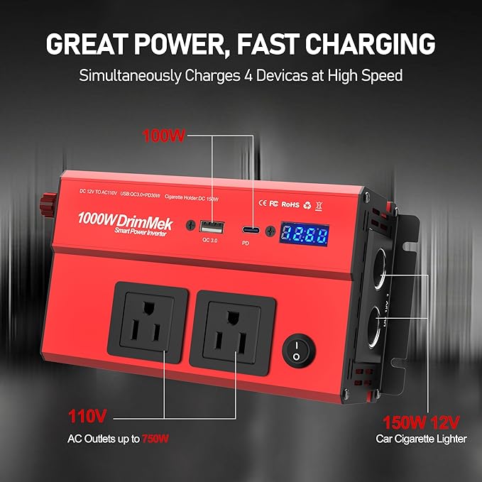 1000 Watt Power Inverters 12v to 110v for Vehicles - with Dual AC Outlets, 1000w Inverter with 3.0A USB and Type-C, 12v Inverter car Cigarette Lighter Battery for/Truck/RV/Emergency