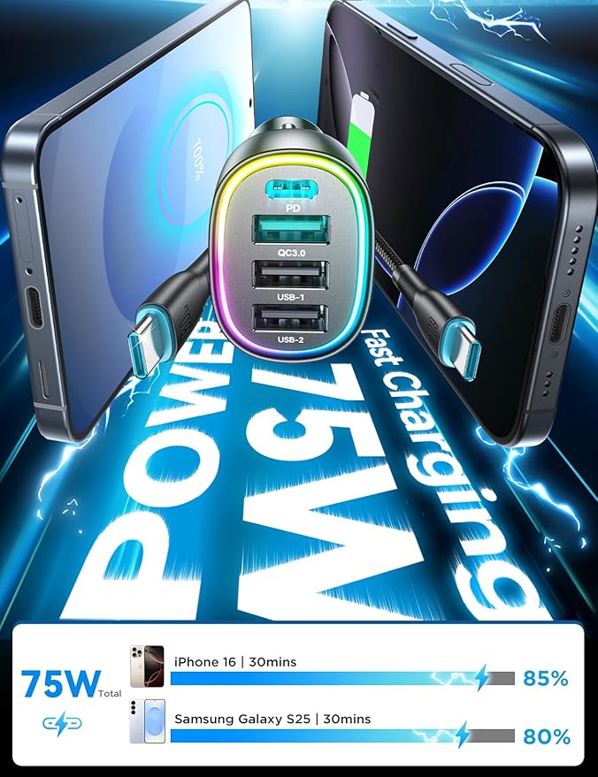 75W Car Charger USB C Cigarette Lighter Adapter 4-Port Fast Car Charger with 3.3ft 60W USB C Cable Fast Charging
