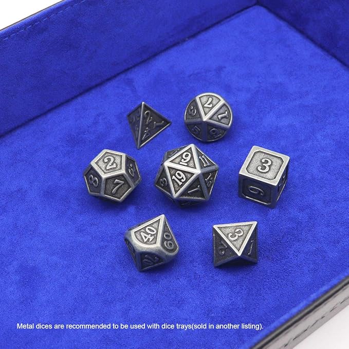 Haxtec Antique Iron Metal DND Dice Set Silver D&D Polyhedral Dice W/PU Leather Dice Bag Compatible with Dungeons and Dragons Gift TTRPG
