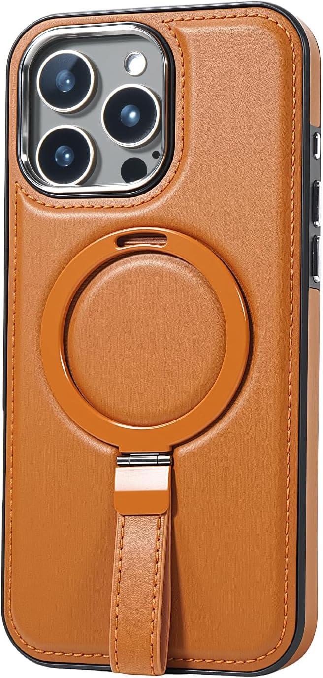 Leather Case, Suitable for iPhone 15 Pro Max Case, Invisible Magnetic Design, Equipped with a Lanyard and Foldable Stand, Black, Yellow and red (Black, iPhone 15 Pro Max)
