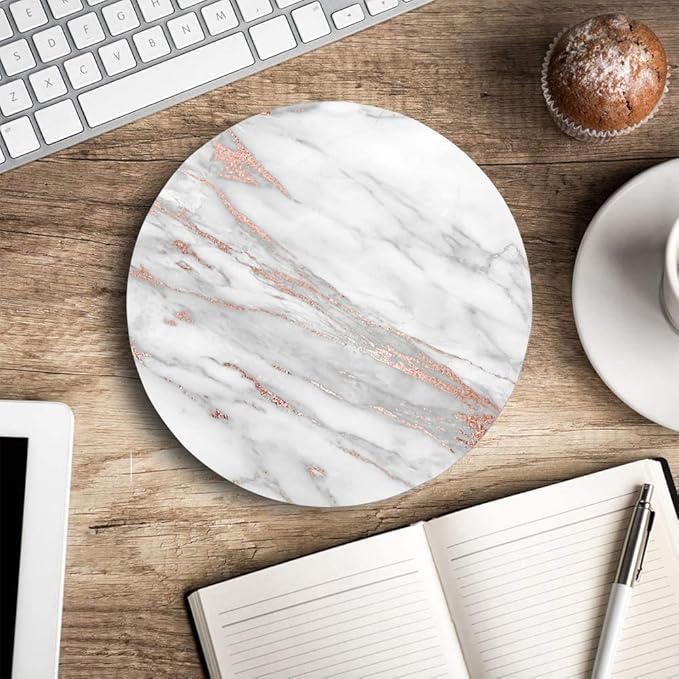 Premium Textured Round Mouse Pad - White Rose Gold Marble, Washable with Lycra Cloth, Non-Slip Rubber Base for Wireless Mouse