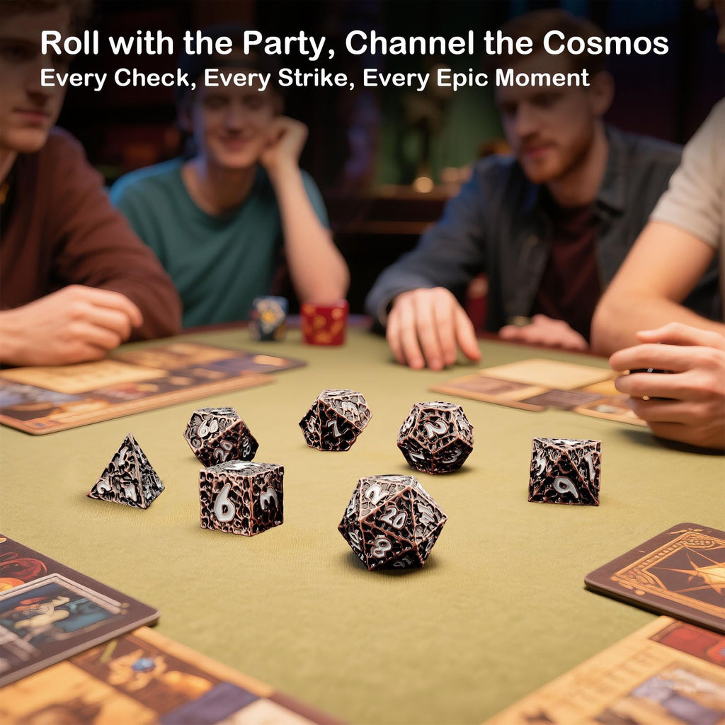 Haxtec Copper Metal DND Dice Set Polyhedral D&D Dice with Leather Dice Bag Compatible with Dungeons and Dragons Gifts TTRPG Antique Style Metal Dice for DND Players Masters