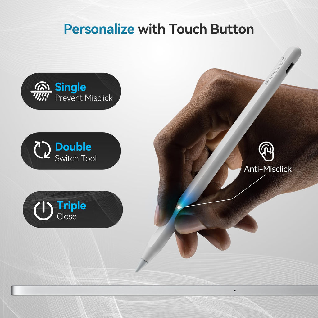 Penstudio PS1-Pro2 Stylus for iPad 6th-11th Gen, Silent Shortcuts, White