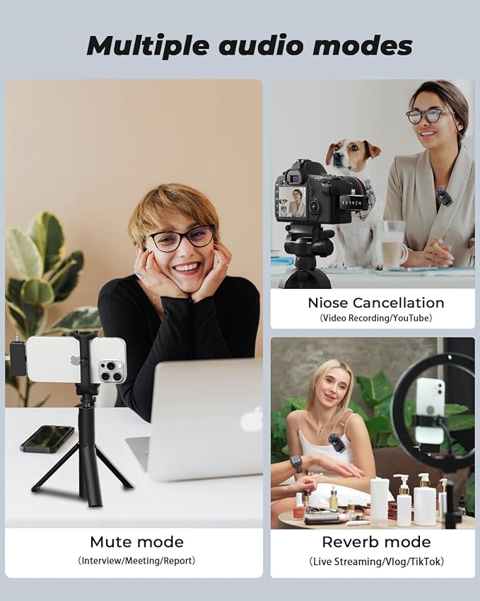 3-in-1 Mini Microphone for iPhone, Android, Camera - 328ft Long Range, 20H Battery Life, Wireless Microphones, Lapel Mic with AI Noise Reduction for Video Recording, YouTube, TikTok