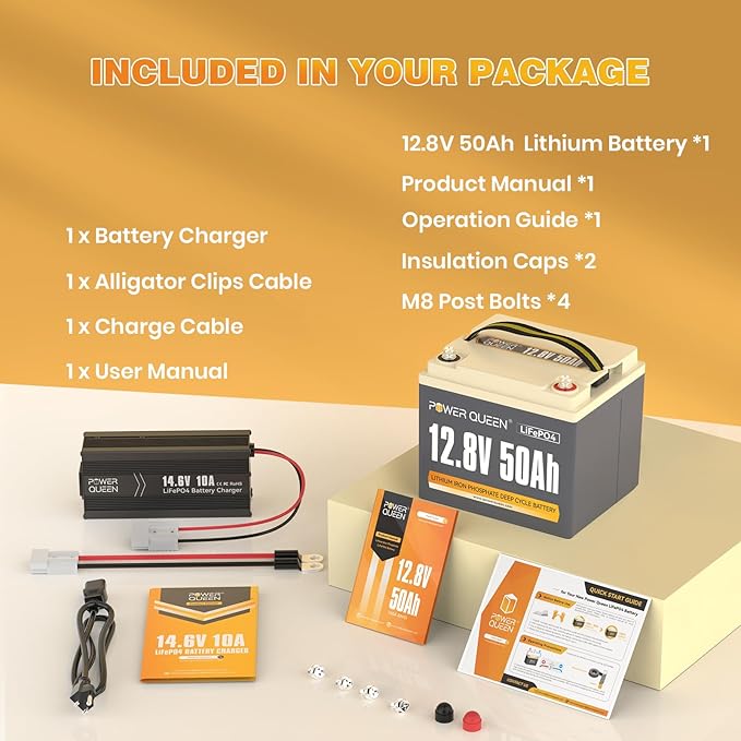 Power Queen 12V 50Ah LiFePO4 Battery with 14.6V 10A LiFePO4 Battery Charger, Built-in 50A BMS, Fast and Fully Charged, 15000+ Cycles, Perfect for Kayak Trolling Motor, RV Trailer, Solar Application