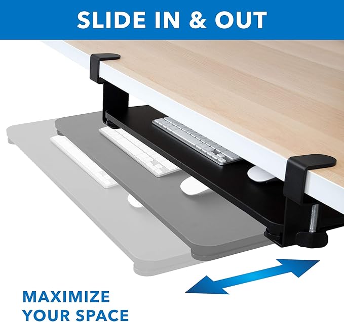 Mount-It! Under-Desk Keyboard Tray, Slide-Out Clamp-On Keyboard and Mouse Drawer, 26.4" W x 11.8" D Ergonomic Retractable Platform for Typing, No-Drill Installation, Black