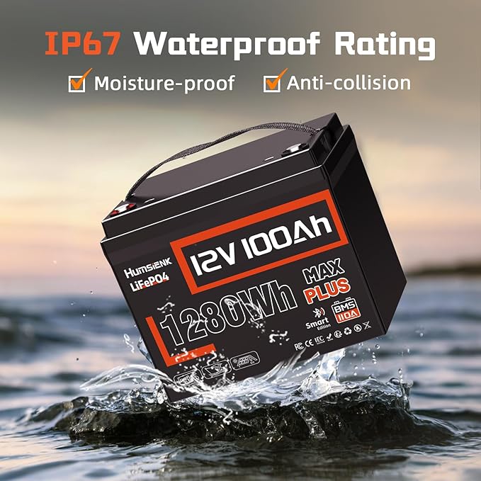 12V 100Ah LiFePO4 Lithium Battery MAX Bluetooth 5.0 IP67, Built-in 110A BMS 15000+ Deep Cycles 1280Wh Lithium Battery, for RVs Marine