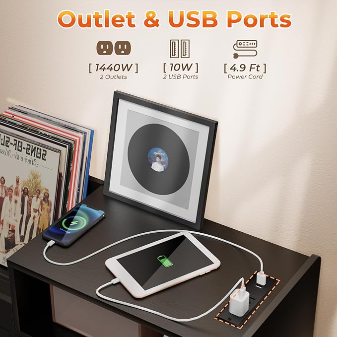 Large Record Player Stand with Sliding Door,350 Vinyl Record Storage Cabinet, Record Player Table with Power Outlet and LED Light,Turntable Stand with Wood Legs for Living Room,Bedroom,Office