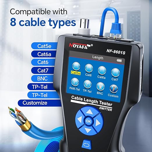 NOYAFA NF-8601S Network Cable Tester, Ethernet Tester Cable with LED Screen, PoE Test for RJ45/RJ11/BNC/Metallic Cable, Test Diagnostic Tool for PING Line Tracer, Crosstalk Test, Fault Location