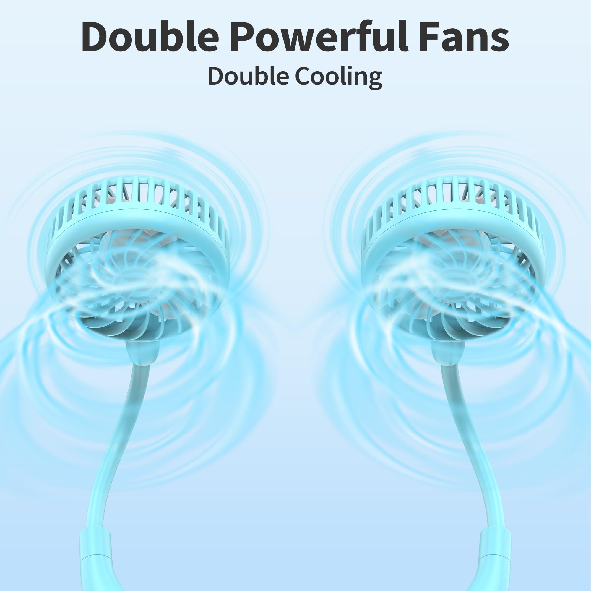 Portable Neck Fan, 2600mAh Battery Operated, Ultra Quiet Hands Free USB Fan with 3 Speeds, Strong Wind, 360° Adjustable High Flexibility Wearable Personal Fan for Sport Office Outdoor Travel-Cyan