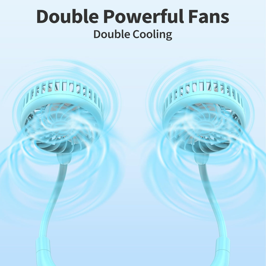 Portable Neck Fan, 2600mAh Battery Operated, Ultra Quiet Hands Free USB Fan with 3 Speeds, Strong Wind, 360° Adjustable High Flexibility Wearable Personal Fan for Sport Office Outdoor Travel-Cyan