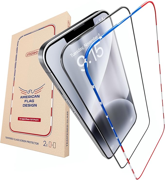 Screen Protector for iPhone 16e/14/13Pro/13-2 Pack (USA Flag Design and Black) - 9H Hardness, Oleophobic Coating, Easy Installation - Tempered Glass Screen Protector for iPhone 14