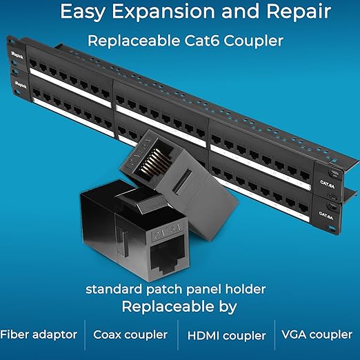 Rapink Patch Panel 48 Port Cat6A with Inline Keystone 10G Support, Pass-Thru Coupler UTP 19-Inch with Removable Back Bar, 1U Network Patch Panel for Cat6A,Cat6, Cat5e, Cat5 Cabling