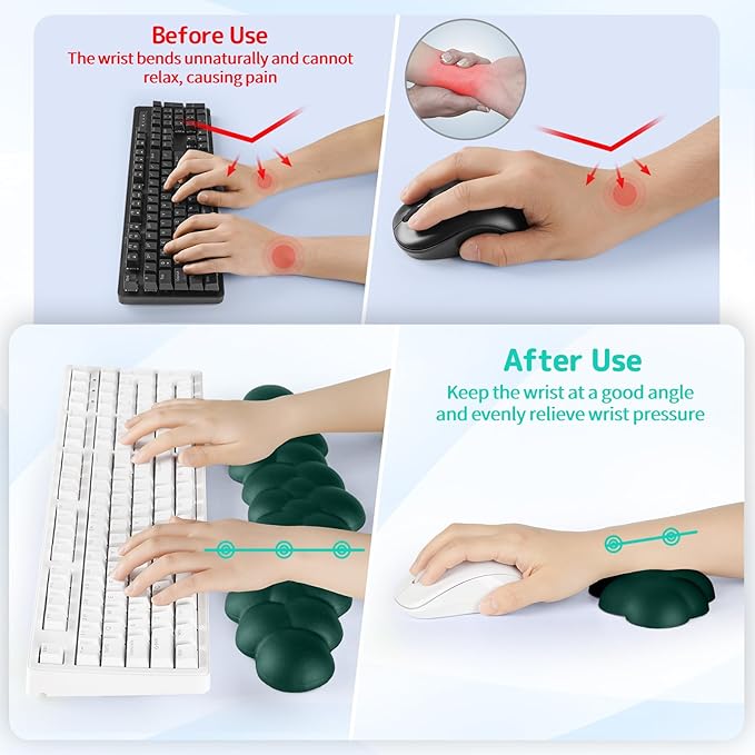 Cloud Wrist Rest for Keyboard and Mouse, Memory Foam PU Leather Keyboard Wrist Rest with Ergonomic Support, Non-Slip Base, Cute Arm Rest Pad & Palm Cushion, Office Desk Accessory, Dark Green