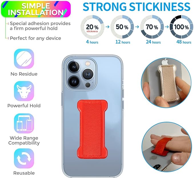 Phone Grip Holder for Hand, Universal Finger Strap Phone Holder, Finger Selfie Grip Compatible with Most Smartphones (Red) - 2Pack
