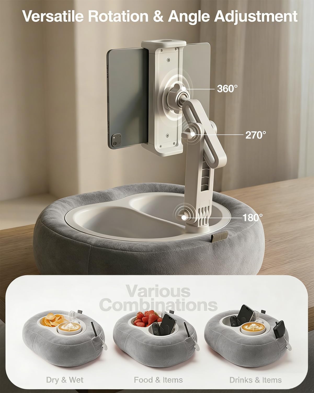 Miledi Tablet Pillow Stand for Bed with 360° Rotating Holder, Gray