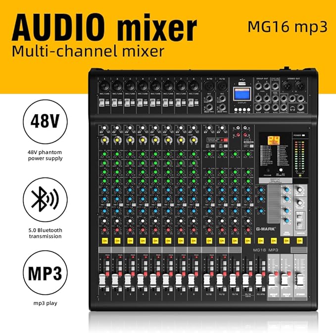 Audio Mixer Bluetooth G-MARK Professional Mixer Usb Interface Sound Board Console System 16 Channel Digital MP3 Computer Input 48V Phantom Power Stereo DJ 24-Bit SPX Effects Mixing Console