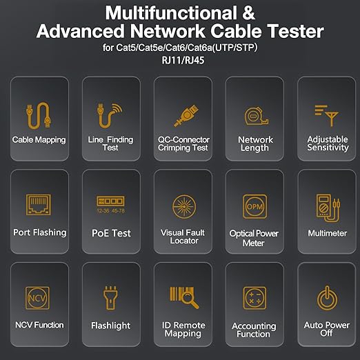11 In 1 Network Cable Tester with 60000 Digit Multimeter 7 Wavelengths OPM 10Km/10mW VFL 600M Measurable Length 100 Records Tool Kit for CAT5 CAT6 Telephone Ethernet RJ11 RJ45 PoE Wire Tracer NCV, Red