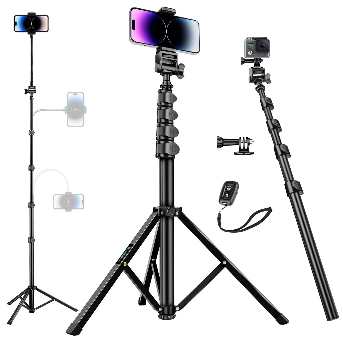 Nineigh 80" Phone Tripod, Selfie Stick, Aluminum Cellphone Tripod Stand