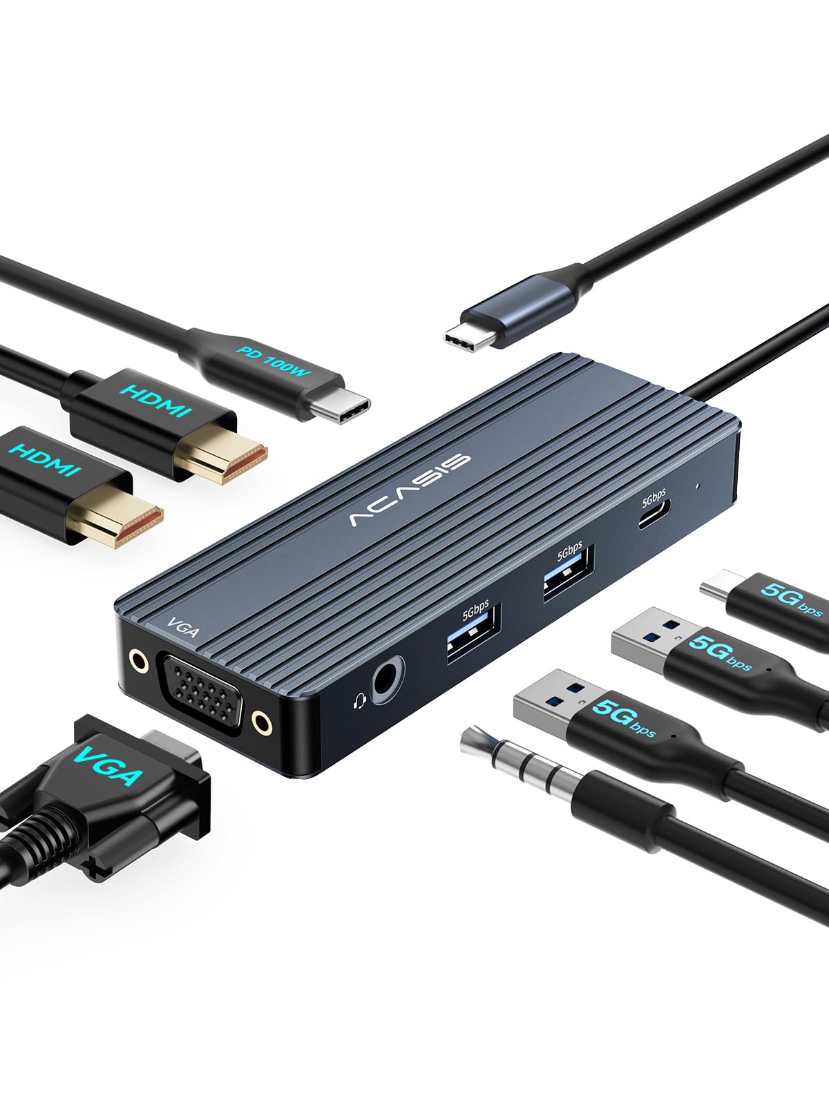 ACASIS USB C Docking Station Dual Monitors,8-in-1 Laptop Docking Station with Dual HDMI +VGA +2 * 5G USB-A/C+3.5MM Audio+PD100W, USB C HUB multiport Adapter for Dell/HP/Lenovo ThinkPad（Gray）