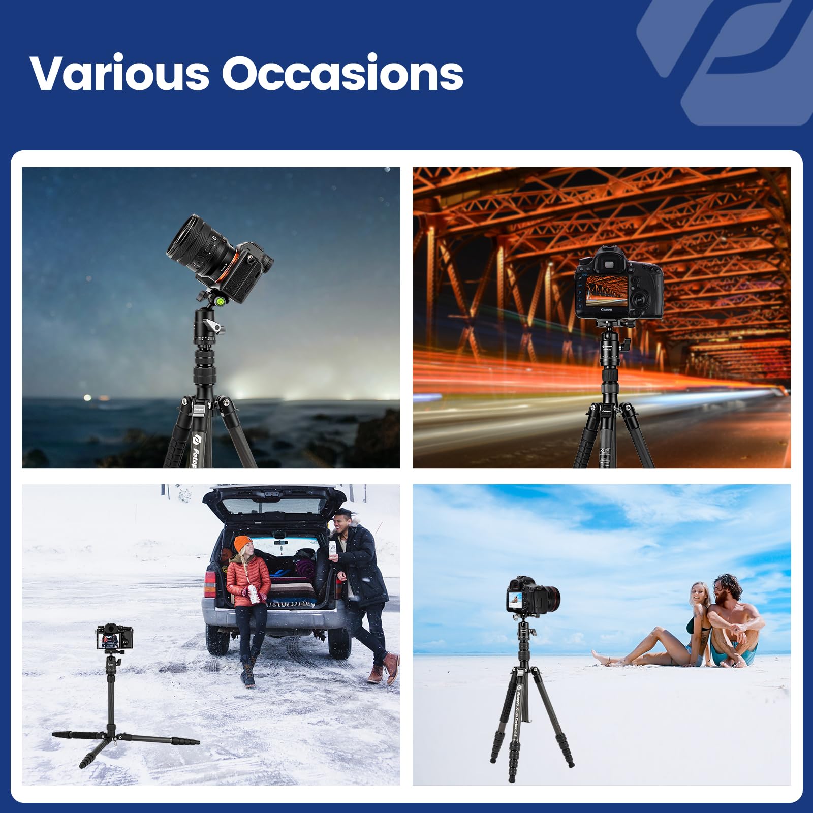 Fotopro 62" Carbon Fiber Travel Tripod, Lightweight Compact Camera Tripod with Ball Head and Arca-Swiss Quick Release Plate, Detachable Monopod, Carry Bag, Load up to 8KG/17.63lbs, Weighs only 2lbs.