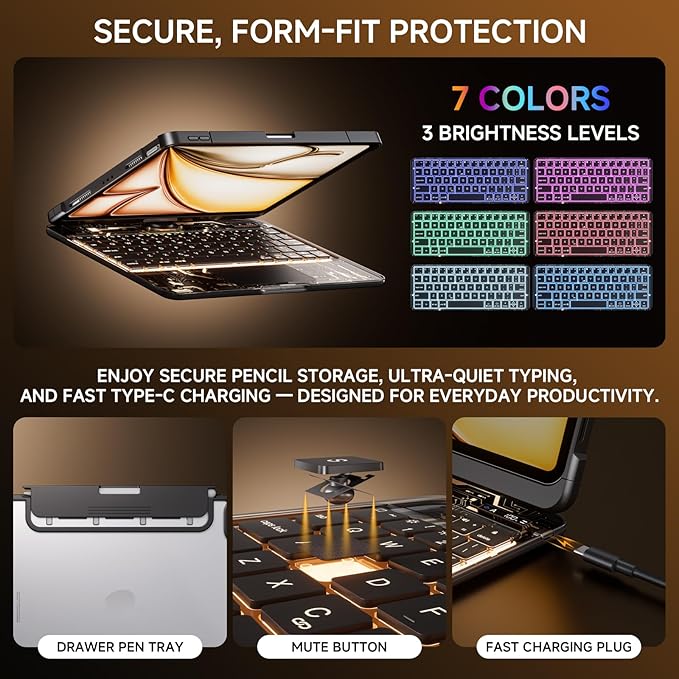 Transparent Case with Keyboard for 2024 iPad Pro 11-inch (M4),with 7-Color Backlit Wireless Keyboard, 360°Rotatable Protective Case Multi-Touch Trackpad,with Pencil Holder,with Shortcuts,Black