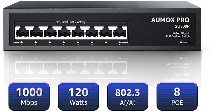 8 Port PoE Switch Gigabit 120W, Gigabit Unmanaged Ethernet Switch, Plug & Play, 802.3af/at Compliant, Metal Housing, 8-Port Network Switch for Home/Office Energy Efficient Silent Operation