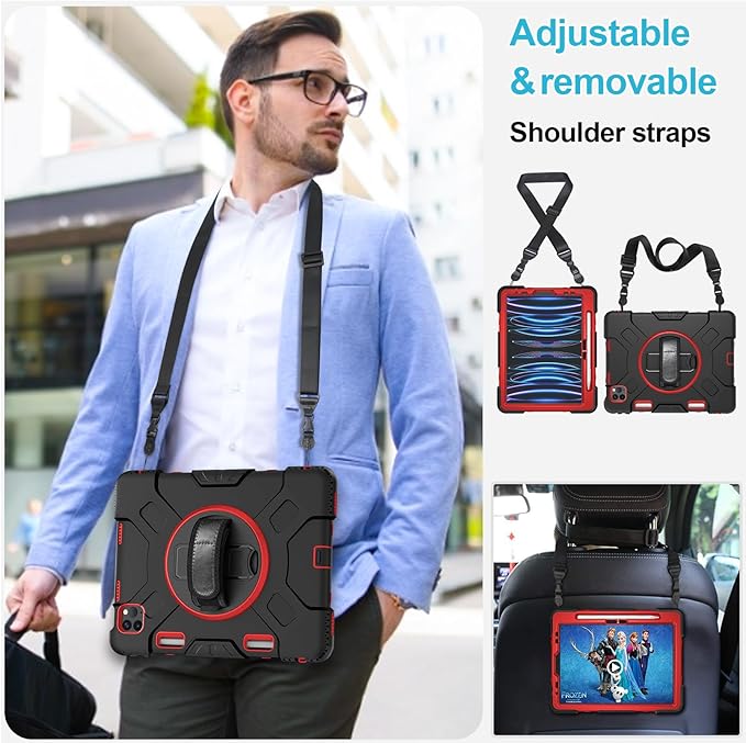 Case for iPad Pro 11 Inch (2022/2021/ 2020/2018): Silicone Cover for iPad 11 (4th/ 3rd/ 2nd/ 1st) Generation with Screen Protector- Stand- Handle- Shoulder Strap- Pencil Holder- Red