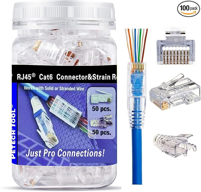 PETECHTOOL RJ45 CAT6 Pass Through Connectors Gold Plated 8P8C Plugs and Strain Relief (50xcat6plug+50xstrain Relief)