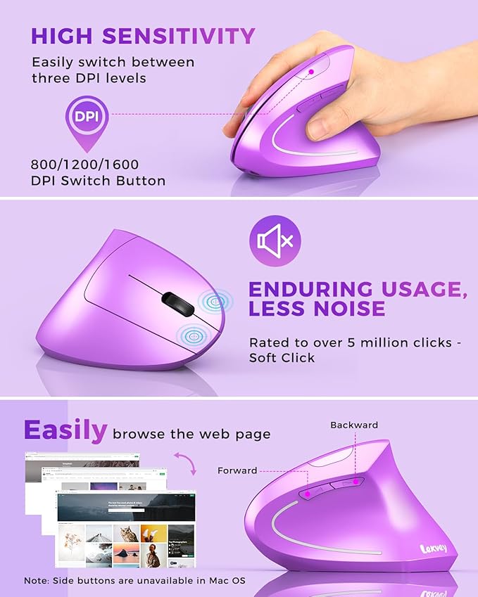 Lekvey Ergonomic Mouse, Wireless Vertical Mouse Rechargeable 2.4 GHz Optical Carpal Tunnel Mice : 800/1200 / 1600 DPI, 6 Buttons, for Laptop, PC, Computer, Desktop, Notebook etc, Purple